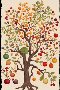 Branched branches, fruits of different shapes and colors Tree