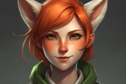 A female with short red hair, dark green eyes, large orange fox ears on top of her head, slight smile, pale skin, realistic