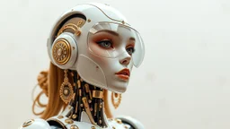 robot ,glass,gloss,circuito,femminile ,futuristico,originalità,white and brown,honey,fashion,gioielli gold,orecchini , disegni floreali