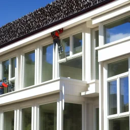 Workers standing on a ladder reaching up onto the edge of a house installing seamless gutters to the fascia