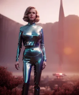 Ultra Realistic retro sci-fi movie, ovni flying San Francisco scene, 1960 year, waist up view portrait, a super giant blonde woman, sweet teenager Jane Fonda face, perfect iris, glow eyes, face makeup, tight latex coat, many people, Retro sci-fi style, soft color, highly detailed, unreal engine 5, ray tracing, RTX, lumen lighting, ultra detail, volumetric lighting, 3d, finely drawn, high definition, high resolution.