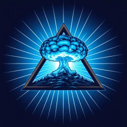 a blue nuclear explosion mushroom cloud inside an equilateral triangle, radiant lines, vector logo