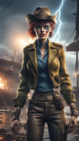 flashy magazine cover illustration, fallout 4 docks setting, horror weird cowboy newt alien in female garments, getting hit by lightening electric arc, with big disturbed eyes,bokeh like f/0.8, tilt-shift lens 8k, high detail, smooth render, down-light, unreal engine, prize winning