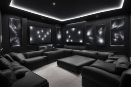 a black themed dedicated home cinema room with LED ambient lighting in the walls make sure the room is completely symmetrical