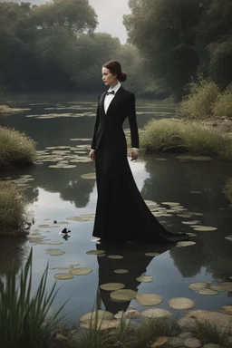 [modern] A woman in tuxedo around a pond