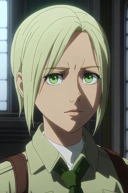 Attack on titan screencap of a girl with green eyes and a white shoulder length hair in the uniform of the reconnaissance corps looks like Levi Ackerman