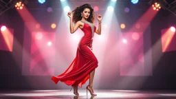 picture of very beautiful lady with makeup curvy hair pretty jeweled light red gray long dress high heels, full body dancing gracefully in modern stage,dynamic animating colored lights