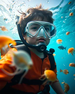 Make a image of a young boy wearing scuba gear, underwater with fish, jellyfish and bubbles. Low angle view looking up towards the surface of the Ocean, Photorealistic.
