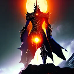 Sauron the mighty lord of darkness standing on a rock in the dark land of Mordor,A superhero MAN with infinite power and technology from the galactic race