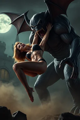 the horrifying, extremely muscular, vampire bat monster grabbed underwear clad Rexanne Stark by the throat and lifted her off the ground, an extreme expression of fear crossed her face, she screamed at the top of her lungs, she kicked and flailed, dust, fog, mist, Moonlight, darkness, eerie Castle, Sinister, terrifying atmosphere, graphic, cinematic, 4k, epic, sharp focus, hyperrealism, detailed character design,