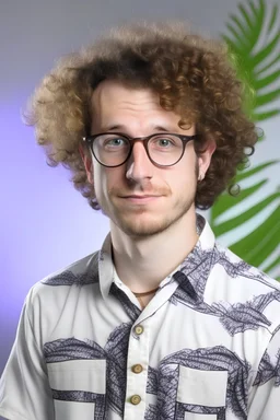 Whiteboard background,male, glasses, curly hair, hawaiian outfit, 2x2 photo, portrait photo,