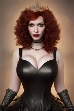 Christina Hendricks as evil queen in black leather gown, feminie, angry, stern look on her face, volouptous, busty, cleavage, emperious, mature unreal 5, octane render,cinema4d, dynamic lighting, dramatic lighting, 4k, redshift render, highly detailed, hyper realistic, in space