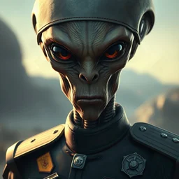 a photorealistic portrait of an alien military commander. non humanoid. looks magnificent