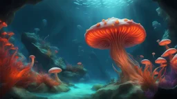 animals creatures, jellyshroom cave form subnautica , plants from subanautica from deep sea, leviathan's a lot of sea plants very deep, beautiful, river of magma,