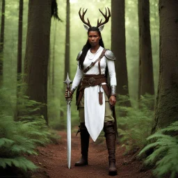 [photo in the forest by Kevin Eastman and Peter Laird] she is a ranger: her totem is a deer like a second skin of dark magic. Clad in a white tunic, brown pants, and a leather belt with mysterious pouches, her silver dagger in hand.