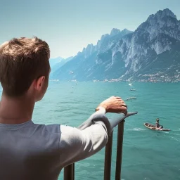 Man from behind is watching on tbe Lake Garda in Italy