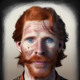 Portrait of Courtney Gains as a ruggedly handsome but joyful roguish pirate, charismatic, attractive male, masculine, perfect, precisely detailed, lightly freckled face, meticulously detailed multi-hued ginger carrot colored cherry fire red hair; Malachai of the corn; fantasy, intricate, elegant, highly detailed, digital painting, artstation, concept art, matte, sharp focus, illustration, art by artgerm and greg rutkowski and alphonse mucha