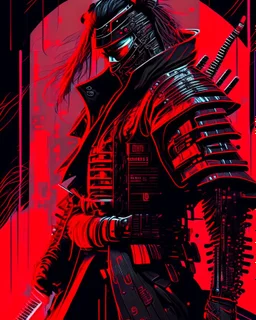 dibujo de contorno de un Samurái negro y rojo con traje cyberpunk