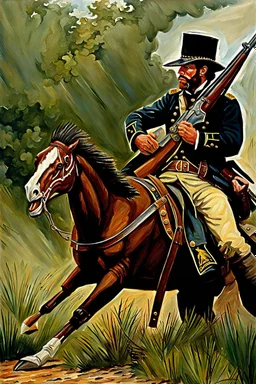 Velociraptors fighting alongside CSA cavalry in US Civil War. Oil painting.