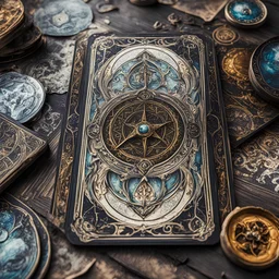close-up high angle shot, fantasycore beautiful, Intricate hyperdetailed, enchanting The alchemist tarot card set, layed on an old ripped table..