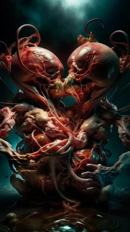 cinematic gore Bosch versus Dali style photorealistic fleshy vortex dmt lsd photo of 2 conjoined mangled insectoid octopode bodies making love, 1 soul vortex, complementary, anatomically fragmented, ripped apart again being flayed, skinned alive. A beating heart, muscles, blood vessels, bowels, entrails are exposed. Visceral anatomy. physiology. Bosch and Dali inspired hallucinations. mythology. grotesque.