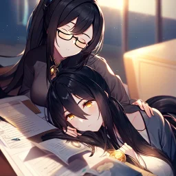 girl, masterpiece, best quality, volumetric lighting, detailed outfit, perfect eyes, black hair, golden eyes, long hair, ponytail, black glasses, closed eyes, sleeping, at office,