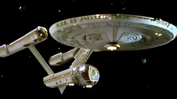 a screen capture from a star trek movie of a battle-damaged starship enterprise IN the year 2380 IS IN A BATTLE with monster ufos sci-fi meticulous, highly-polished, photorealistic, studio production, intricately detailed, GALACTIC, directed by gene Roddenberry, move saucer section forward and nacelles back