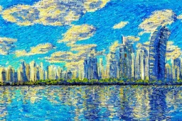 Sunny Day, futuristic buildings near the tree and lake zone, sci-fi, tendency to impressionism, realistic vision