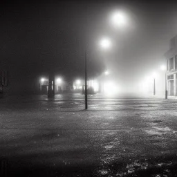  street view in night , foggy, muddy floor, post apocalyptic,