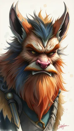 dnd, fantasy, watercolour, humongous strokes, stylistic, portrait, illustration, furry, a mad man personable face