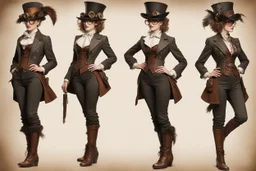 Костюм ловкой инженю: короткая куртка с множеством карманов, брюки-капри или узкие штаны, кожаные ботинки, очки или монокль, ремни с металлическими пряжками, шляпа с перьями или шестеренками. стимпанк