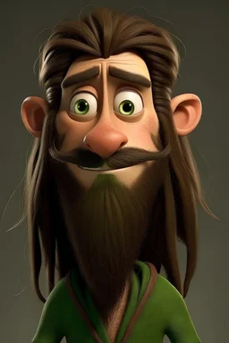 Gnom, braune lange wilde Haare, große Nase, gepflegter kurzer Bart, grüne Augen, schlank