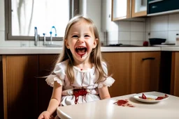 wide hd photo of a little German girl, full body, smiling with her mouth open lying on the table in a medical context at the dentist. blood from her mouth stains her short white dress