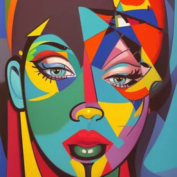 a painting of a woman with a colorful face, a cubist painting by Romero Britto, featured on pixiv, cubism, picasso, cubism, fauvism