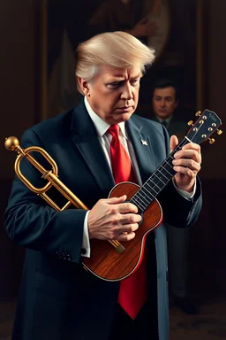 Trump playing the musical trump instrument , Elan Musk is standing in the background playing ukulele,. traditional si, studio photograph, very aesthetic, highly detailed, brilliant composition, hyper realistic, photorealistic, subsurface scattering matt painting