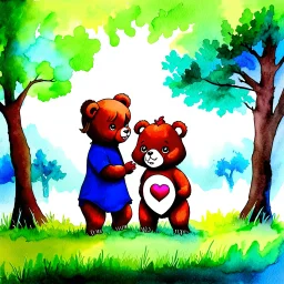 vinyette of star-buddy and a heart-buddy with cheerbear in the-forest-of-feelings, (Elena Kucharik watercolor)