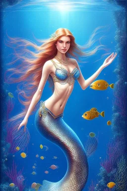 underwater, a mermaid, beautiful colors, fish, very fine detail, high quality, mystical, intricate, Neo-Impressionism, soft lighting, dream like,