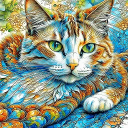 Golden ratio, ultra detailed watercolor painting, wet on wet painting, soft edges beautiful (((Masterpiece))) Create an image of a calico cat partially submerged in water, with its face and upper neck visible just above the surface. The cat has distinct patches of orange, black, and white fur, giving it a vibrant and colorful appearance. Its eyes are large and expressive, with a bright green hue that reflects the light filtering through the water. The background is a rich und