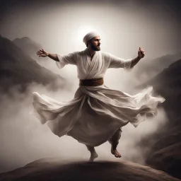 Hyper Realistic young handsome muscular Sufi Whirling with brown & white, Islamic Sufi Rustic Grungy on mountain at night with thick fog & nightly ambiance