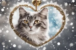 Double exposure, merged layers, Christmas fantasy, cat Christmas ornaments, gifts, double exposure, snowfall, heart, snowflakes, icy snowflakes, burlap, gems and sparkling glitter, sunshine