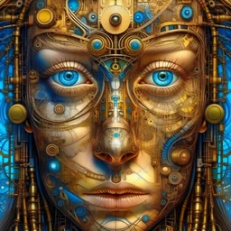 Leonardo Da Vinci masterpiece illustration of a front complex biomechanical woman colored face mixed to supplies (detailed eyes, nose, mouth , neck), made of various colored metal objects all around and inside head, centered composition, HDR, UHD, all in focus, clean face, no grain, concept art