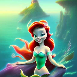 Disney'den Ariel yeşil kuyruklu, bir kayalığın üstünde oturuyor ve hafif gülümsüyor, dijital tatlı tasarım tarzında