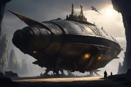 a new world emerges. A world where a gigantic obsidian crystal spaceship dominates the skies. Its massive bones jut out, the skull at the prow and the feet at the engine, like some gothic monstrosity brought to life. The brass coverings gleam in the light, adding an air of ancient mystery to the vessel.