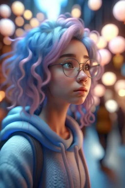 cute People looking for maps all over street from another universe, wearing glasses, magical and dreamy, cute, octane render, 8k, ornamental cenary, fantasy colors, ultra realistic, fluffy, soft texture, high quality, futuristic cute, cute little fluffy hair