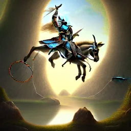 knight riding donkey on a rope bridge, fantasy art