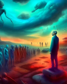 Bosch painting style, nightmare , an Ai robot watching a prisoners lined up in circle , one after another , great quality picture with cinematic scenes , heavy clouds in the background