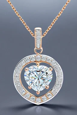 Create a visually stunning and luxurious image of a diamond necklace with a big heart shape diamond at the center and 3 layers of small round diamonds around it