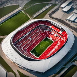 Imágen de arte lineal de un estadio de futboll, vista aérea, estlilo Zaha Hadid, calidad ultra, hiperdetallado, 8k, color rojo y blanco