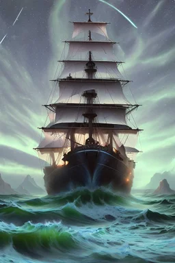 An oil painting of a ship containing seven illuminated windows below and from above solid amid waves and a sky full of stars