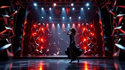a 3d fractal stage structre made of metallic dark color 3d structures, pertty artistc background,dynamic lights,lady prances in modern fashion clothing dansing in stage